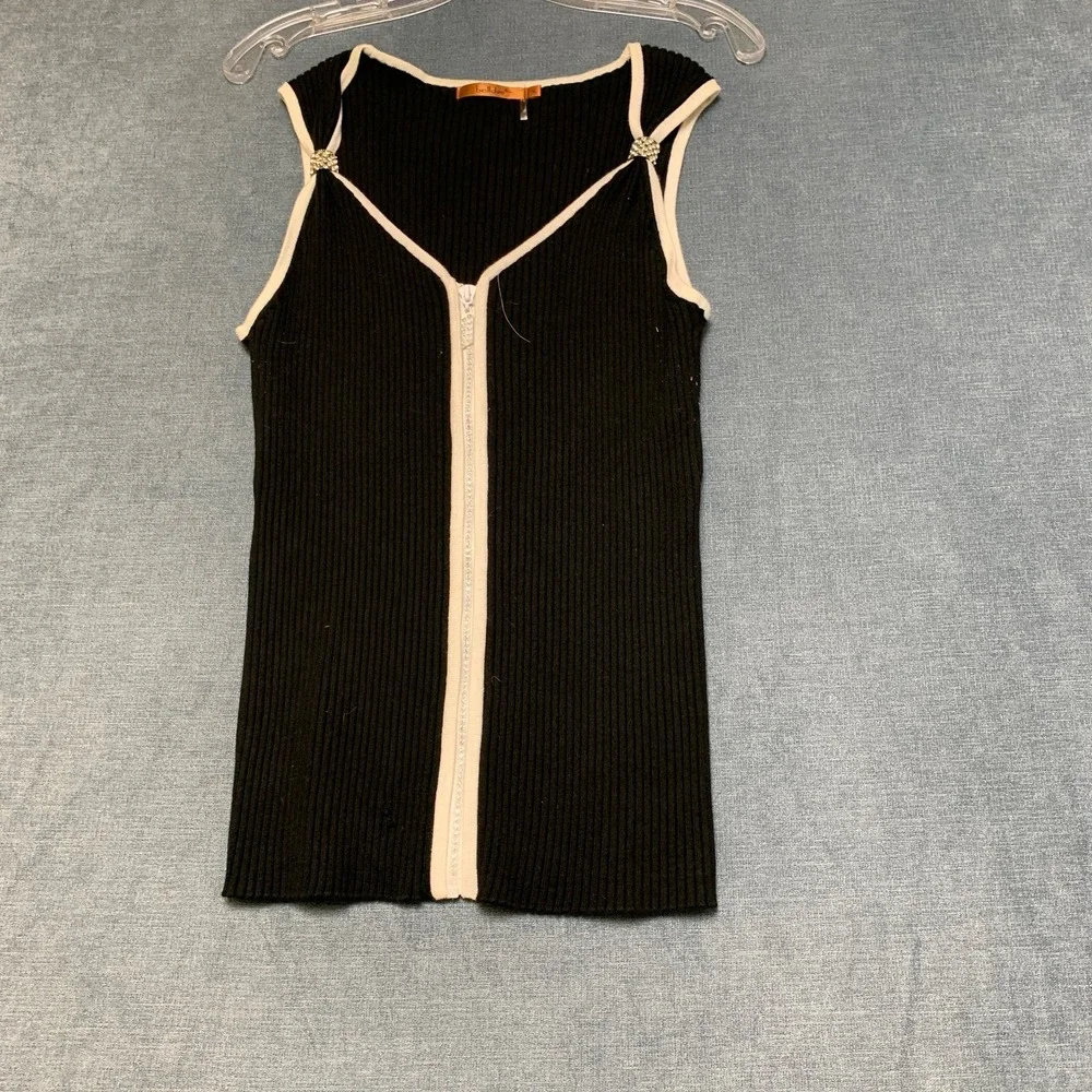 Belldini Knit Top Womens XL Black White Ribbed Sleeveless Outdoor Zip Front